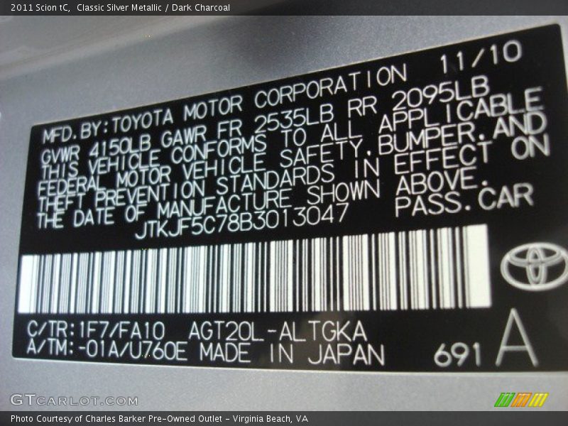 Classic Silver Metallic / Dark Charcoal 2011 Scion tC