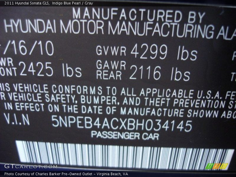 Indigo Blue Pearl / Gray 2011 Hyundai Sonata GLS