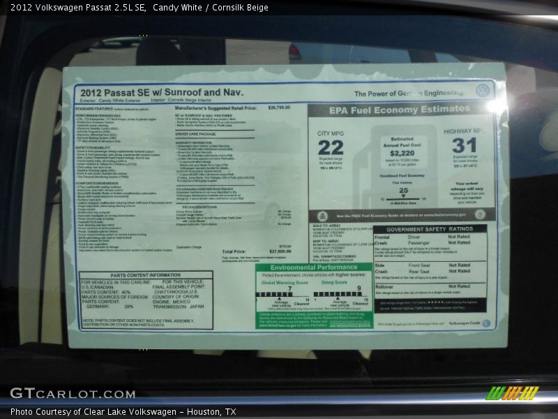 Candy White / Cornsilk Beige 2012 Volkswagen Passat 2.5L SE