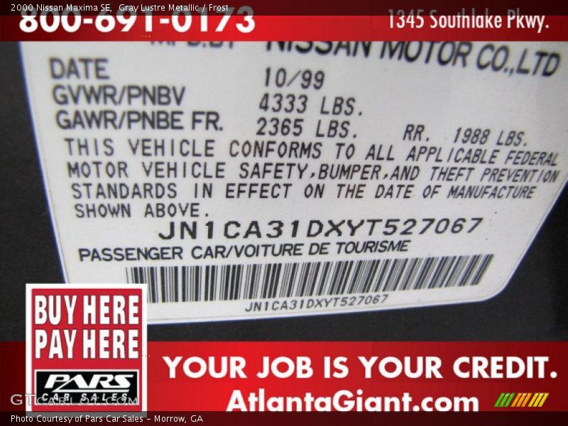 Gray Lustre Metallic / Frost 2000 Nissan Maxima SE