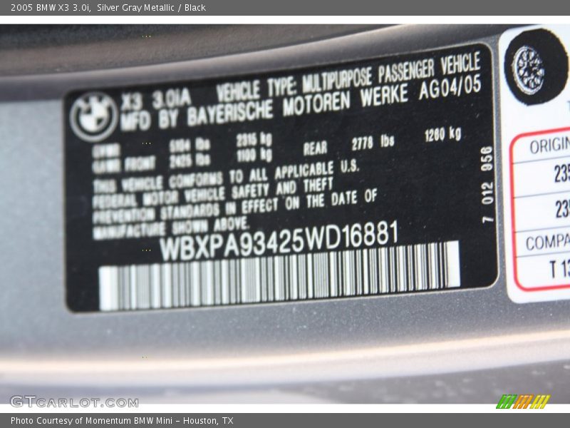 Silver Gray Metallic / Black 2005 BMW X3 3.0i