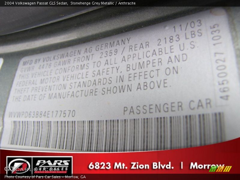Stonehenge Grey Metallic / Anthracite 2004 Volkswagen Passat GLS Sedan