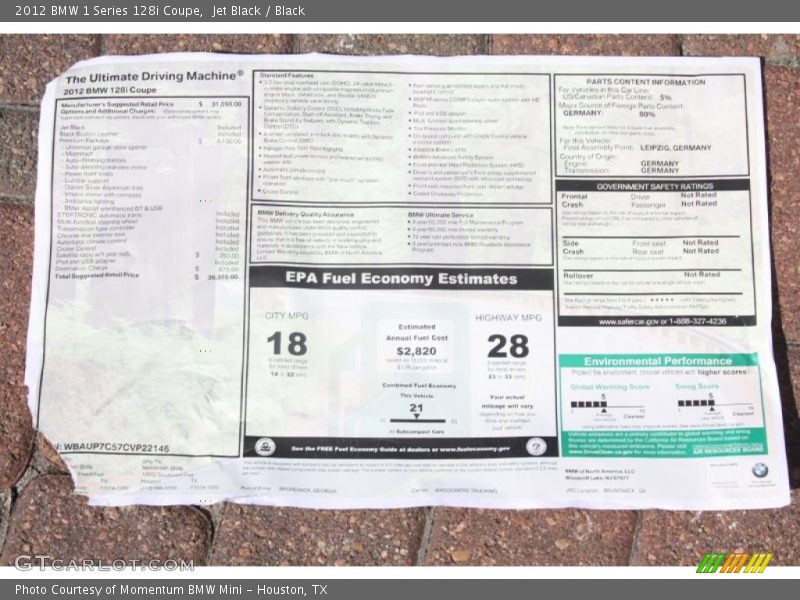  2012 1 Series 128i Coupe Window Sticker