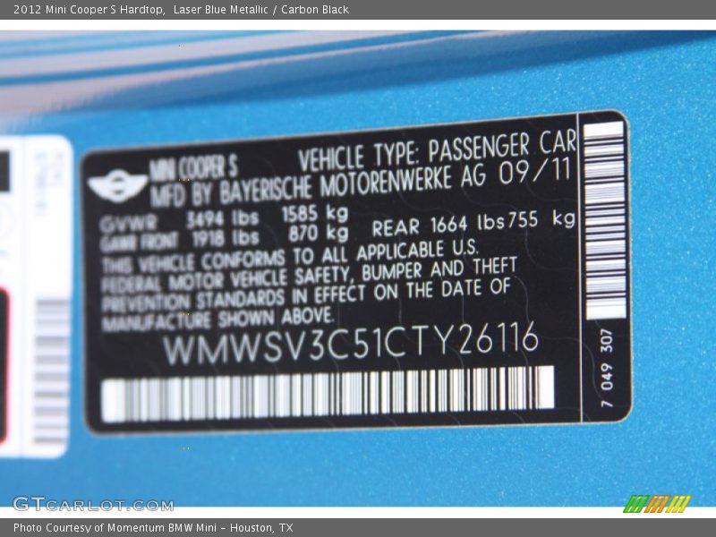 Laser Blue Metallic / Carbon Black 2012 Mini Cooper S Hardtop