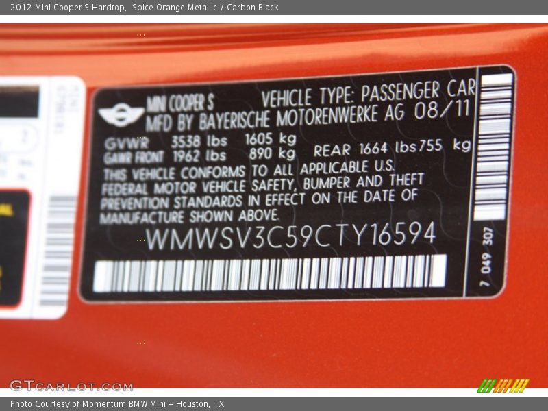 Spice Orange Metallic / Carbon Black 2012 Mini Cooper S Hardtop