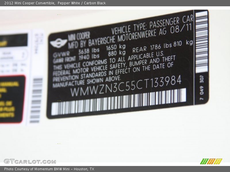 Pepper White / Carbon Black 2012 Mini Cooper Convertible
