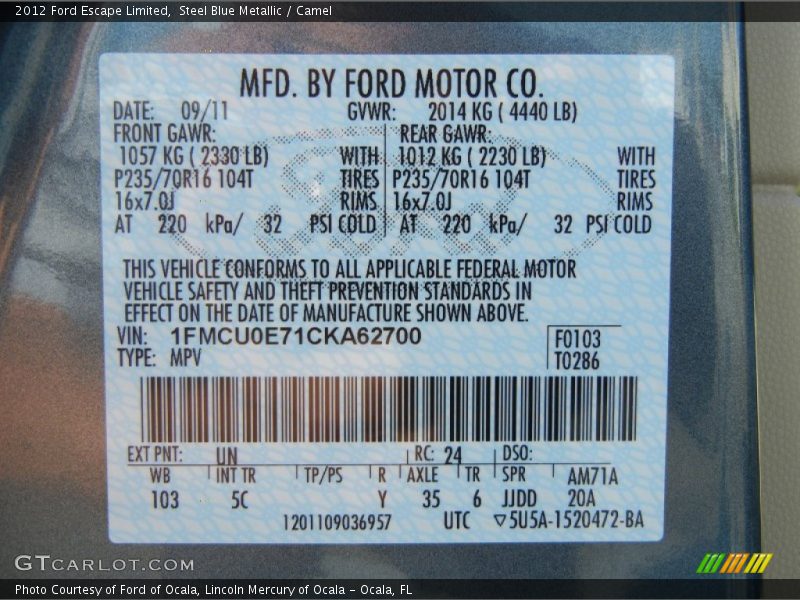 2012 Escape Limited Steel Blue Metallic Color Code UN