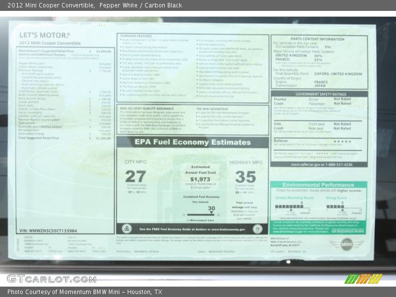 Pepper White / Carbon Black 2012 Mini Cooper Convertible
