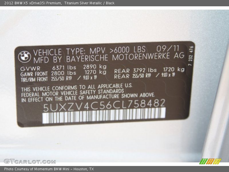 Titanium Silver Metallic / Black 2012 BMW X5 xDrive35i Premium