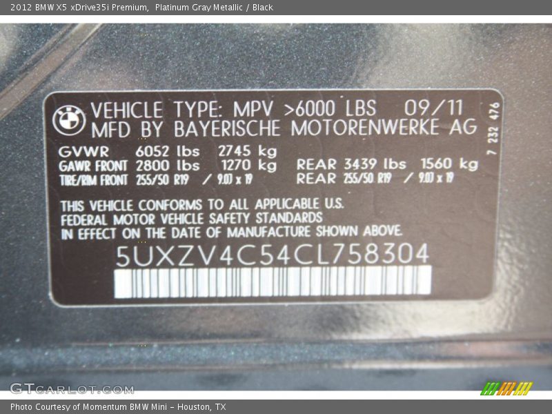 Platinum Gray Metallic / Black 2012 BMW X5 xDrive35i Premium