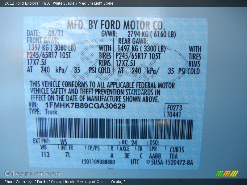 2012 Explorer FWD White Suede Color Code WS