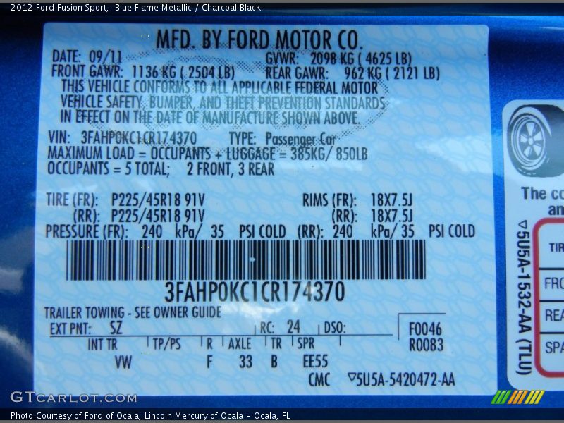 2012 Fusion Sport Blue Flame Metallic Color Code SZ