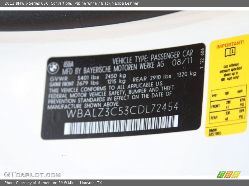 Alpine White / Black Nappa Leather 2012 BMW 6 Series 650i Convertible