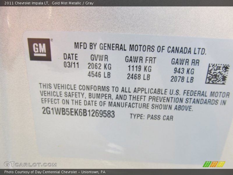 Gold Mist Metallic / Gray 2011 Chevrolet Impala LT