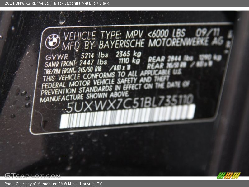 Black Sapphire Metallic / Black 2011 BMW X3 xDrive 35i