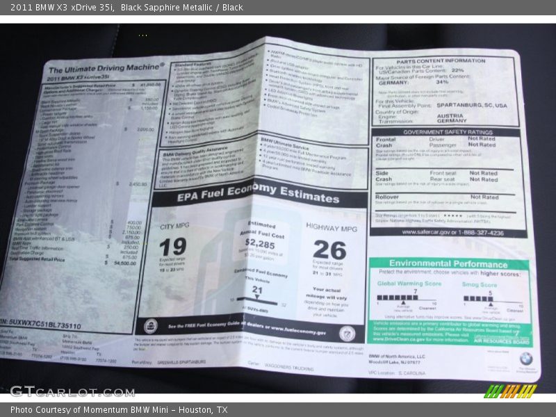  2011 X3 xDrive 35i Window Sticker