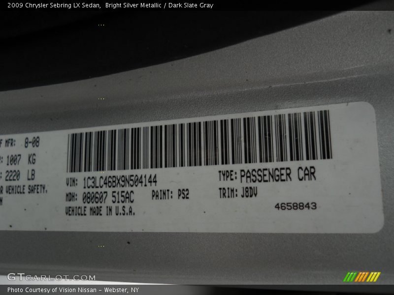 Bright Silver Metallic / Dark Slate Gray 2009 Chrysler Sebring LX Sedan