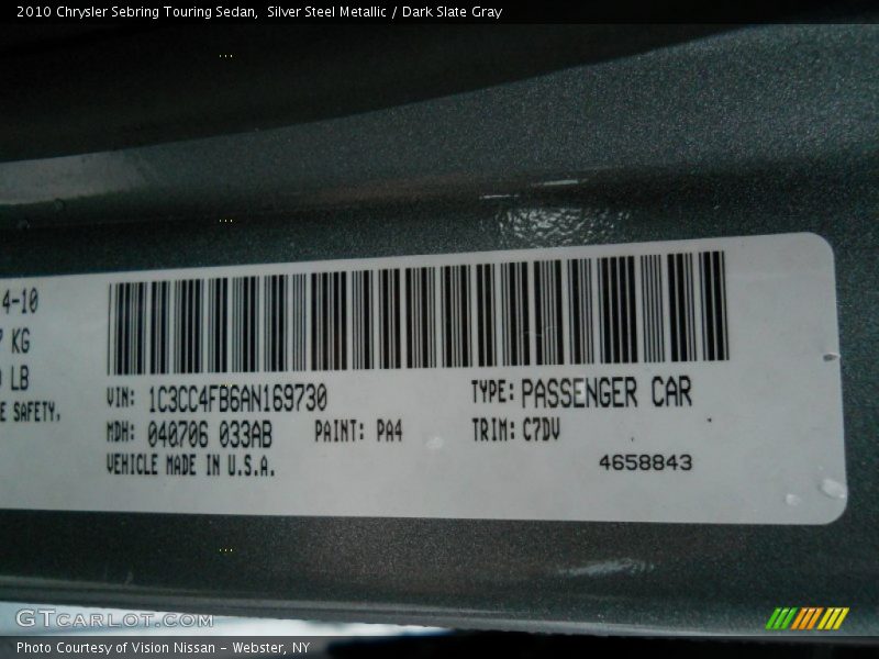 Silver Steel Metallic / Dark Slate Gray 2010 Chrysler Sebring Touring Sedan