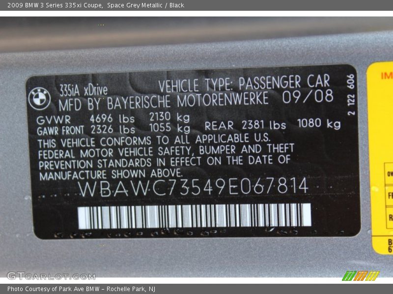 Info Tag of 2009 3 Series 335xi Coupe