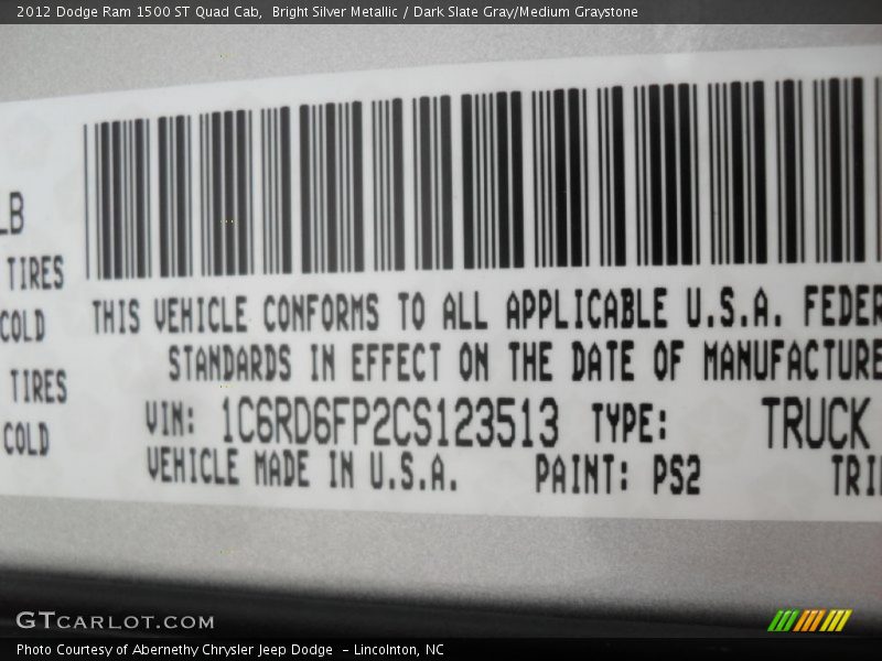 Bright Silver Metallic / Dark Slate Gray/Medium Graystone 2012 Dodge Ram 1500 ST Quad Cab
