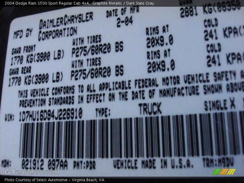 Graphite Metallic / Dark Slate Gray 2004 Dodge Ram 1500 Sport Regular Cab 4x4