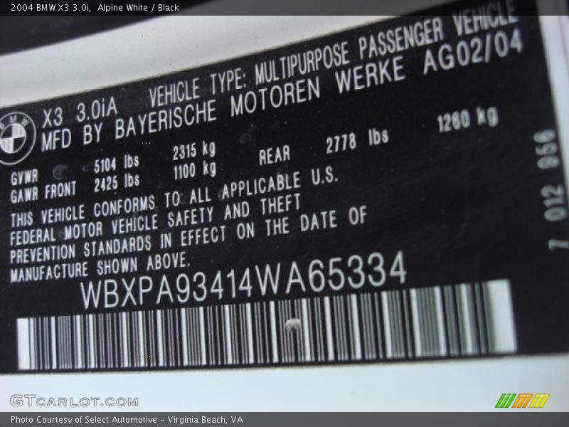 Alpine White / Black 2004 BMW X3 3.0i