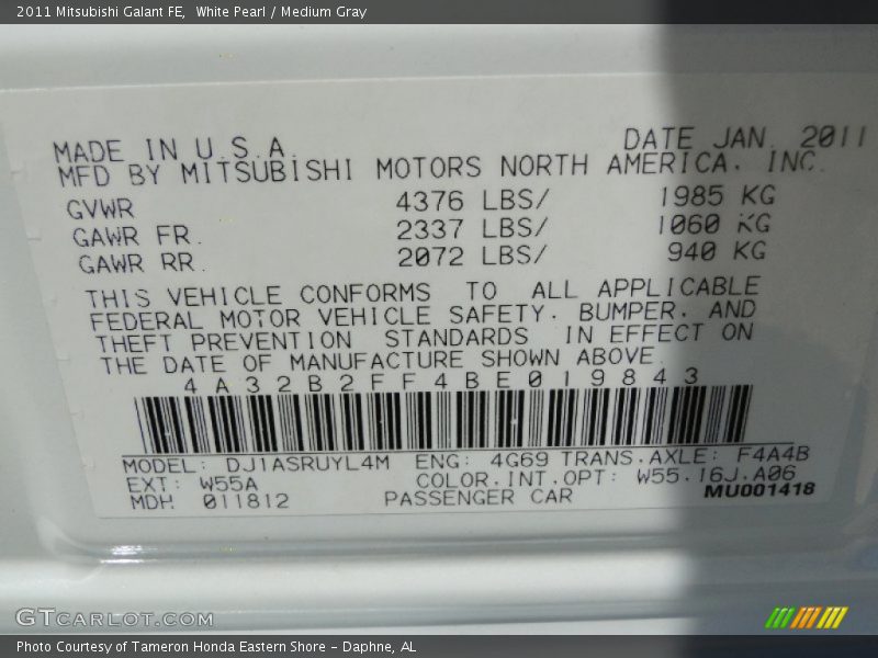 2011 Galant FE White Pearl Color Code W55