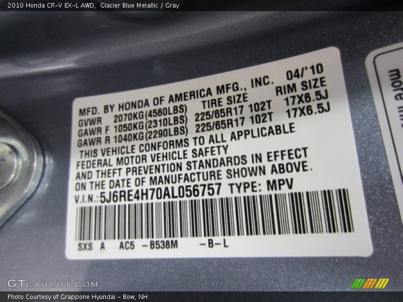 Glacier Blue Metallic / Gray 2010 Honda CR-V EX-L AWD