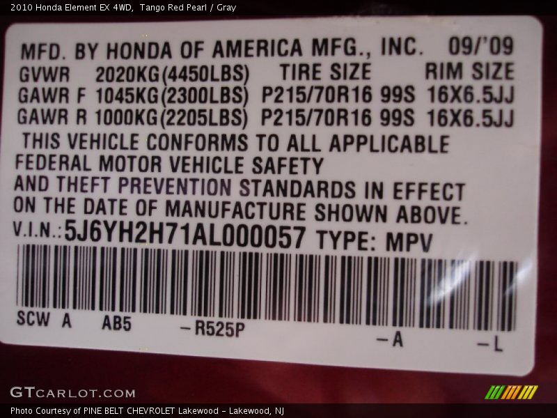 2010 Element EX 4WD Tango Red Pearl Color Code R525P