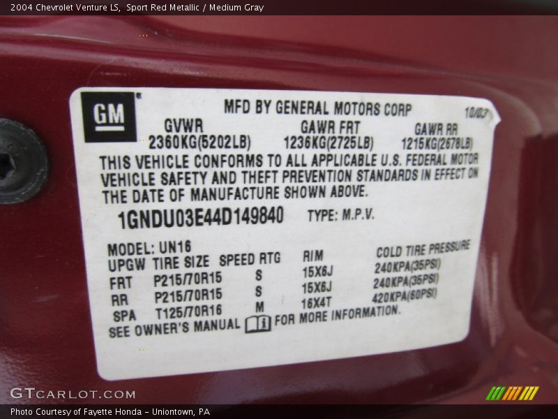 Sport Red Metallic / Medium Gray 2004 Chevrolet Venture LS