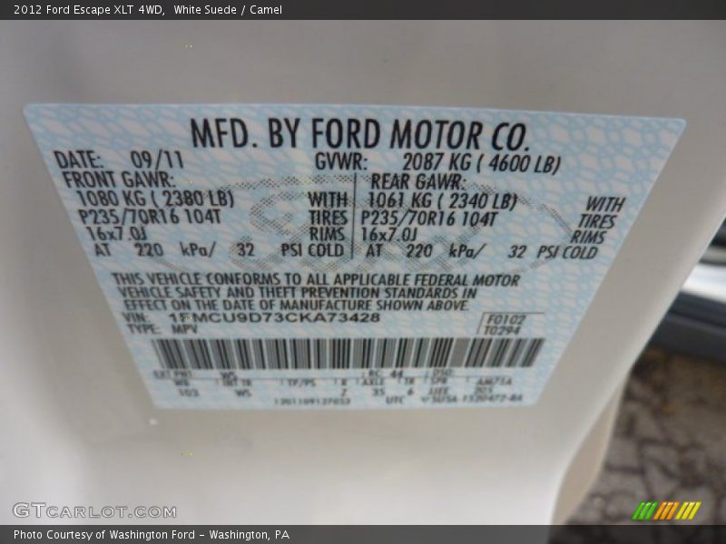 White Suede / Camel 2012 Ford Escape XLT 4WD