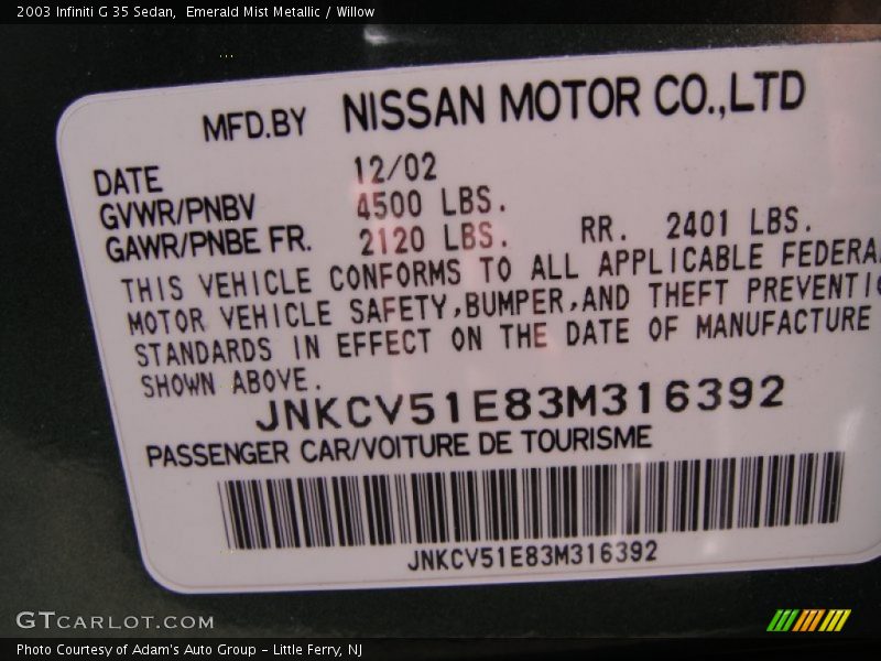 Emerald Mist Metallic / Willow 2003 Infiniti G 35 Sedan