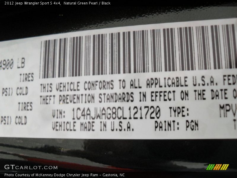 2012 Wrangler Sport S 4x4 Natural Green Pearl Color Code PGN