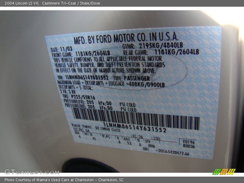 Cashmere Tri-Coat / Shale/Dove 2004 Lincoln LS V6