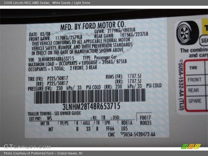 White Suede / Light Stone 2008 Lincoln MKZ AWD Sedan