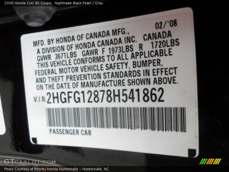 Nighthawk Black Pearl / Gray 2008 Honda Civic EX Coupe