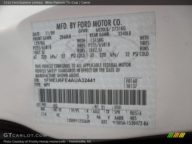 2010 Explorer Limited White Platinum Tri-Coat Color Code UG