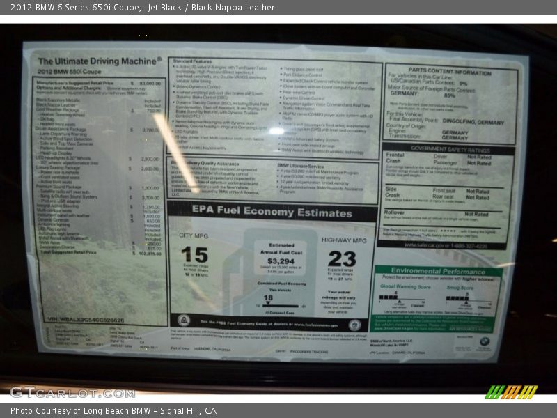 2012 6 Series 650i Coupe Window Sticker