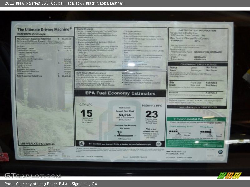  2012 6 Series 650i Coupe Window Sticker