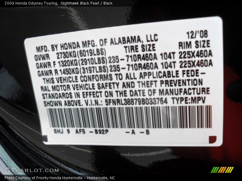 2009 Odyssey Touring Nighthawk Black Pearl Color Code B92P
