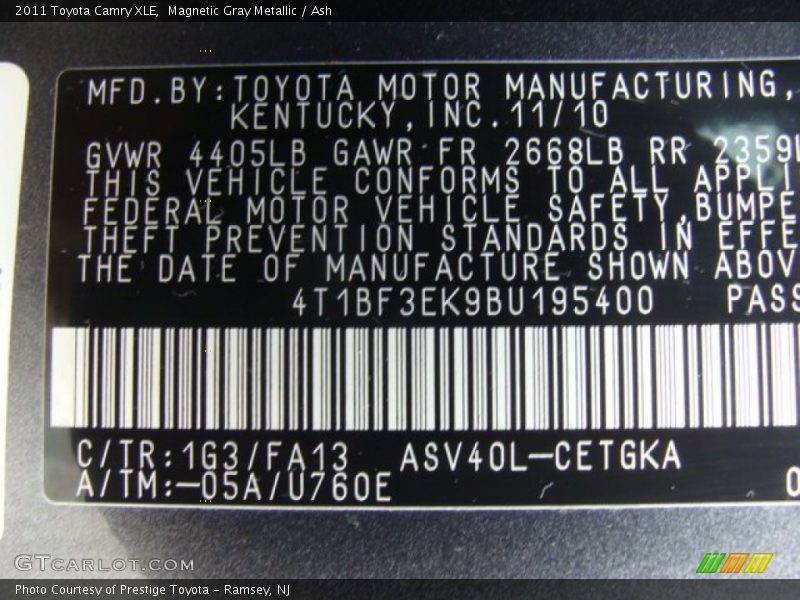 Magnetic Gray Metallic / Ash 2011 Toyota Camry XLE