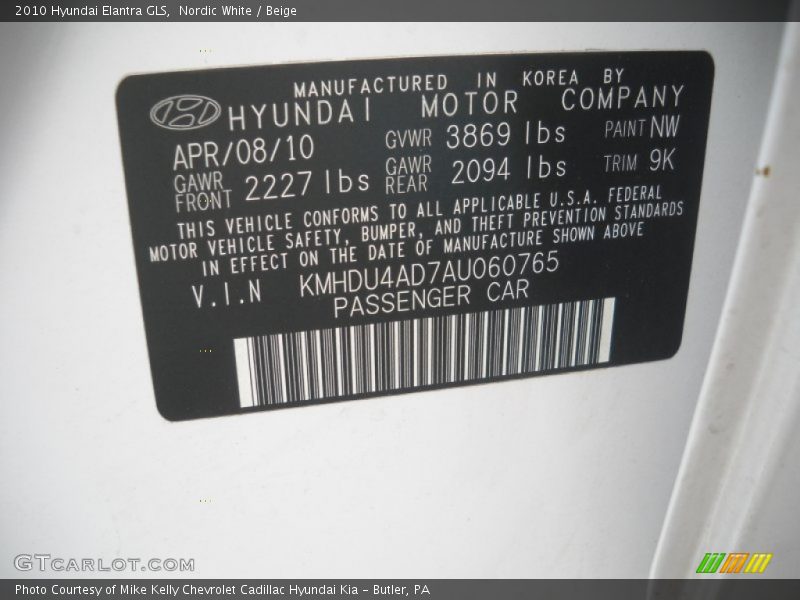 Nordic White / Beige 2010 Hyundai Elantra GLS