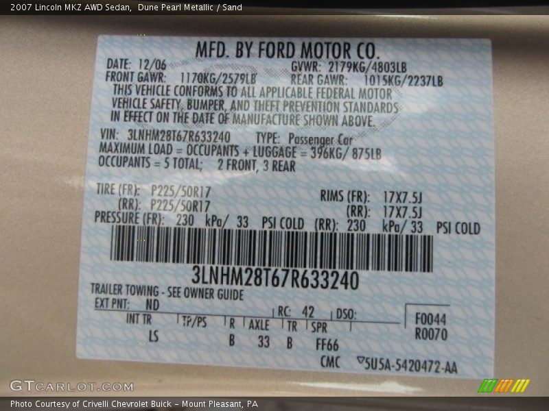 Dune Pearl Metallic / Sand 2007 Lincoln MKZ AWD Sedan