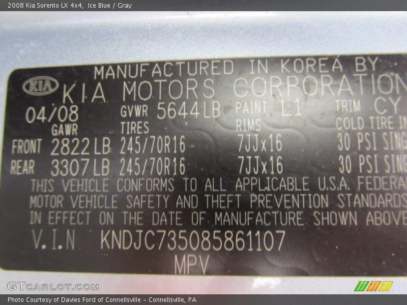2008 Sorento LX 4x4 Ice Blue Color Code L1