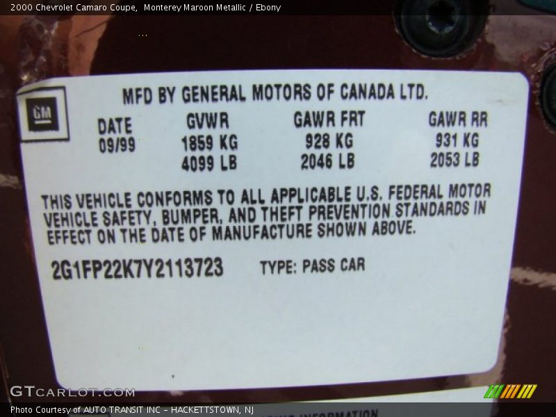 Info Tag of 2000 Camaro Coupe