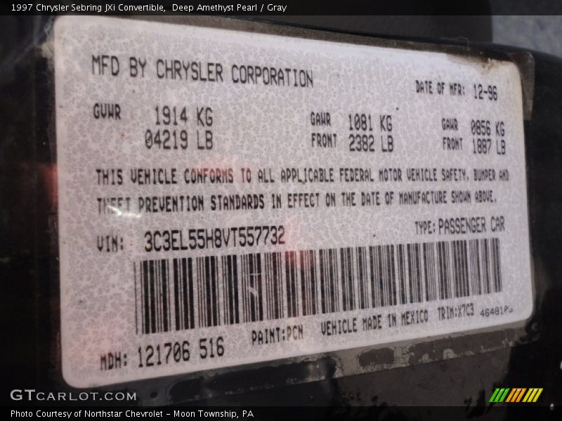 1997 Sebring JXi Convertible Deep Amethyst Pearl Color Code PCN