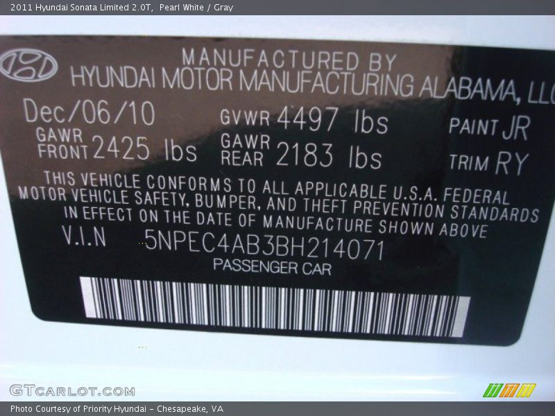 Pearl White / Gray 2011 Hyundai Sonata Limited 2.0T