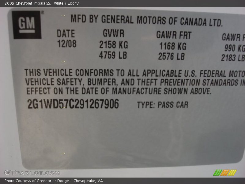White / Ebony 2009 Chevrolet Impala SS