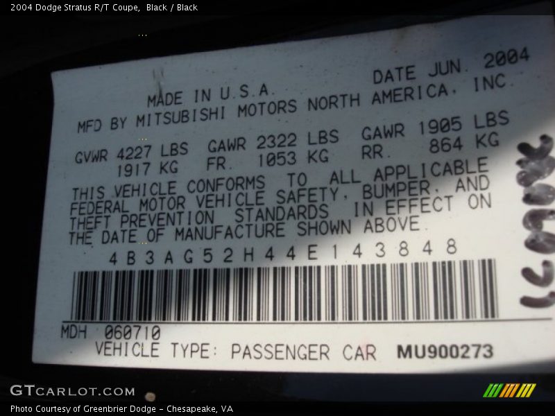 Black / Black 2004 Dodge Stratus R/T Coupe