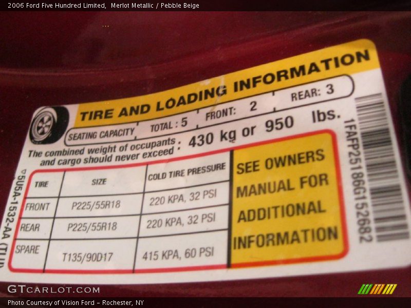 Info Tag of 2006 Five Hundred Limited